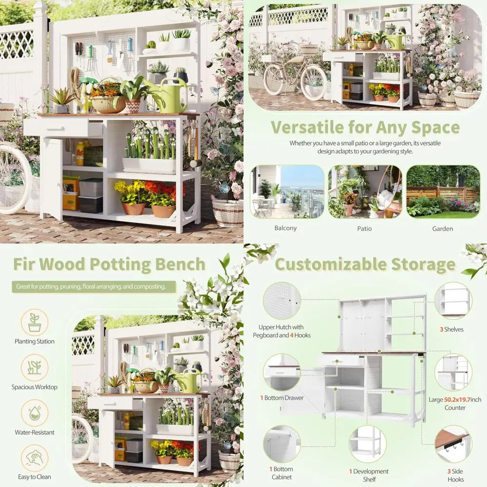 

Outdoor Fir Wood Garden Workstation with Hutch, 4 Shelves, Drawer, and Adjustable Storage, 50.2 Countertop