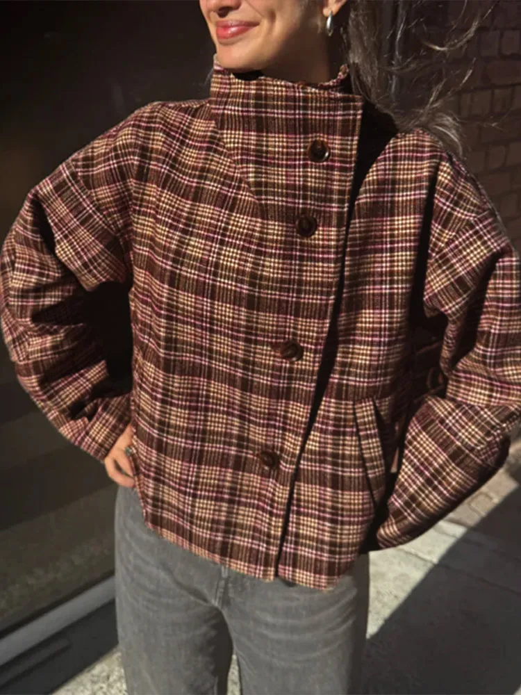 

Осень 2024, женская короткая куртка в клетку, однобортное пальто с длинными рукавами и воротником-стойкой, женское винтажное женское новое уличное пальто