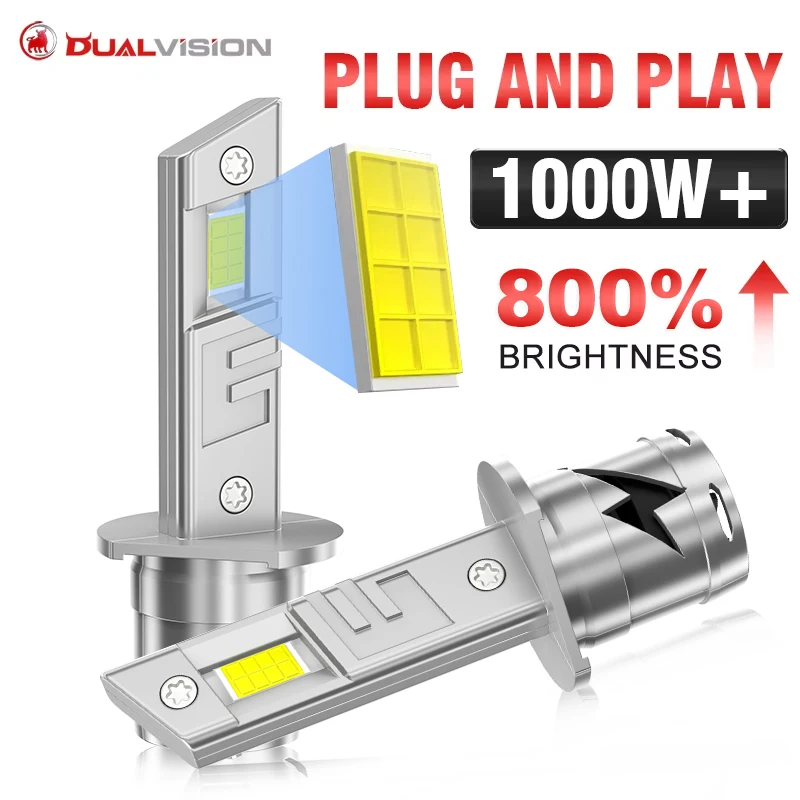 

Dualvision 1000W H1 LED Headlight 1000000LM 6000K CSP 1: 1 High Low Beam Turbo Auto Light Plug and Play Mini H1 12V Diodes PTF