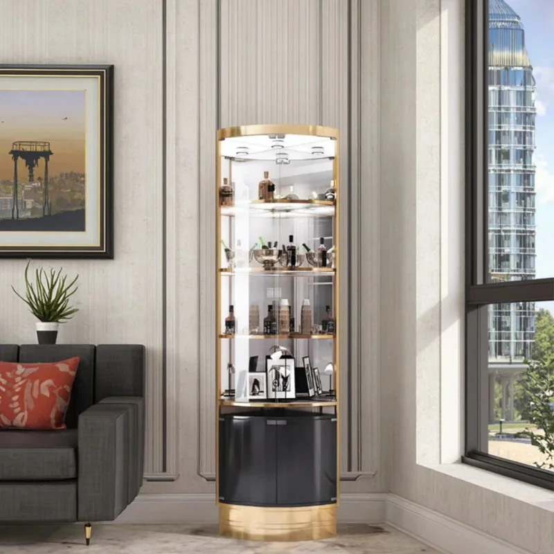 custom.Modern Light Luxury Stainless Steel & Glass Display Corner Cabinet Living Room Furniture