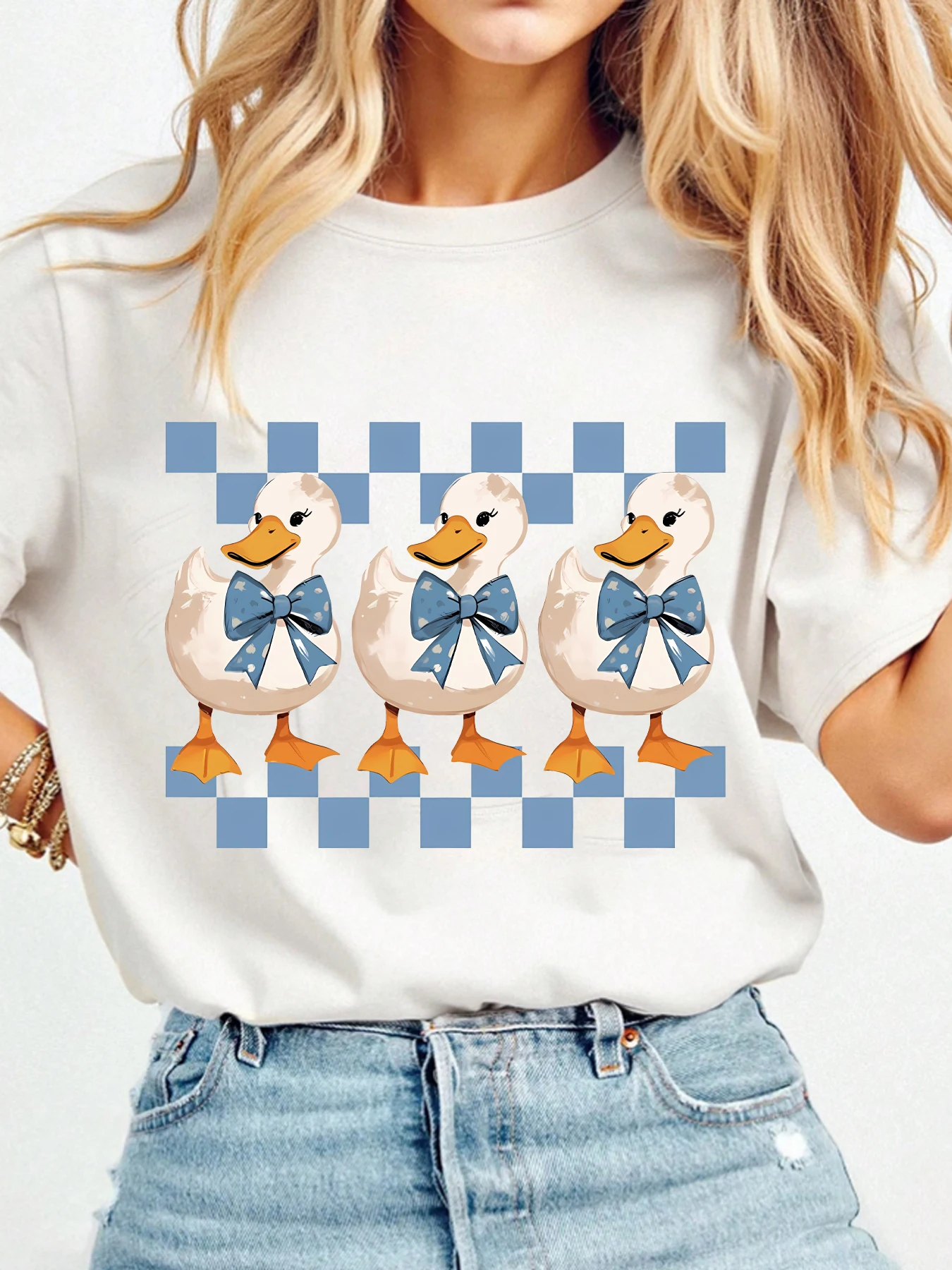 

Three ducks round neck plus size women T-shirt short sleeve trend printing elastic half sleeve T-shirt