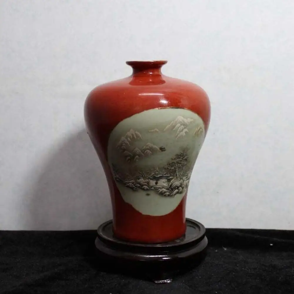 Chinese Alum Red Porcelain Flowers Birds Pattern Vase 6.30 Inch