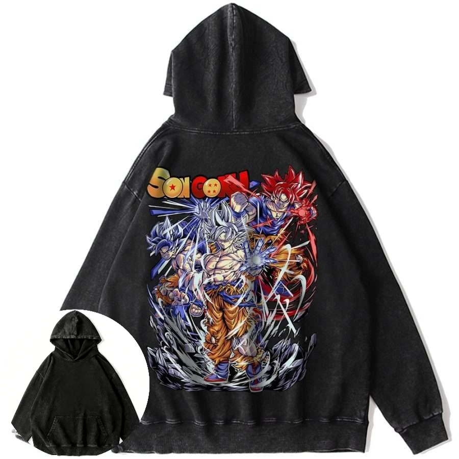 เสื้อฮู้ดดี้ผ้าฝ้ายลายดราก้อนบอลสำหรับผู้ชาย พิมพ์ลายฉากต่อสู้แบบไดนามิกของตัวละครอนิเมะ ด้านหลังพิมพ์ลายสไตล์เรโทรลำลอง แขนยาว