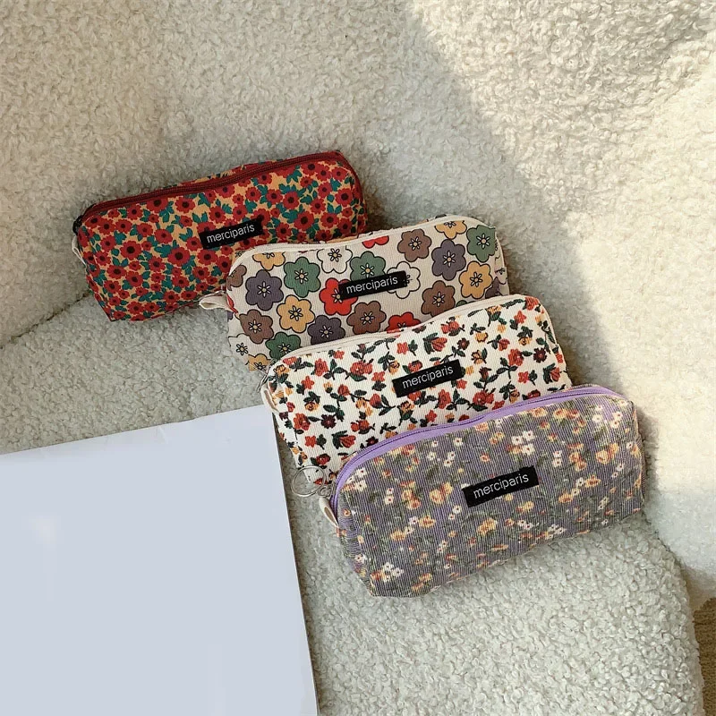 Women Corduroy Cosmetic Bags Fresh Floral Print Beauty Female Makeup Brush Storage Bags Student Girl Pencil Case Bags