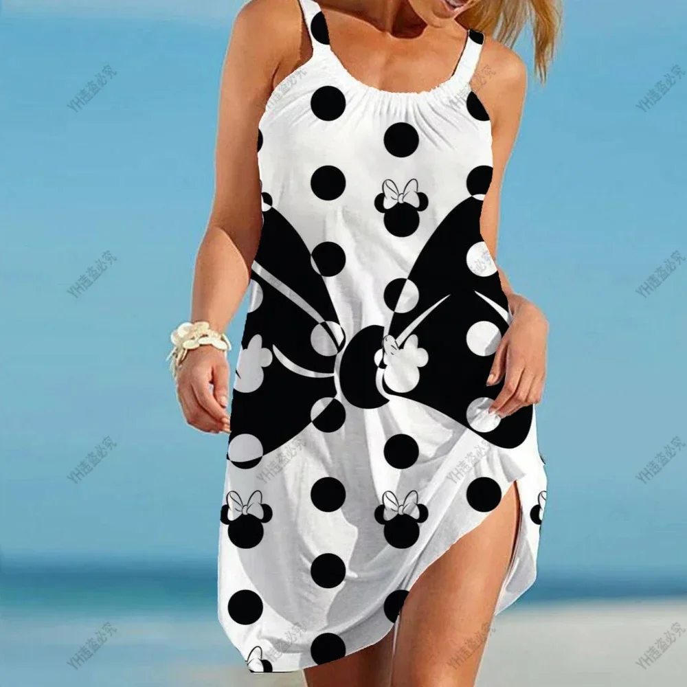 Vestido de Mickey Minnie Mouse sem mangas feminino, praia solta impressão 3D, vestidos de sling sexy, festa boho elegante, verão, Y2K, 2022