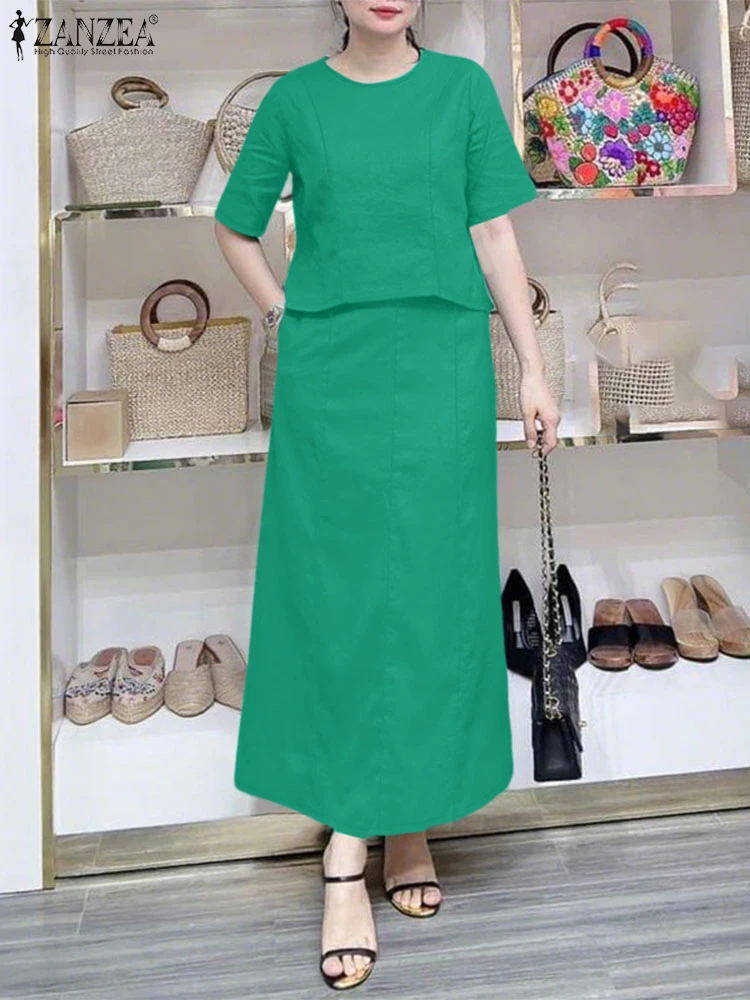 

2PCS Outfits Women Summer Dress Sets ZANZEA Elegant Short Sleeve Blouse Loose Sundress Fashion Work OL Tracksuits Matching Sets