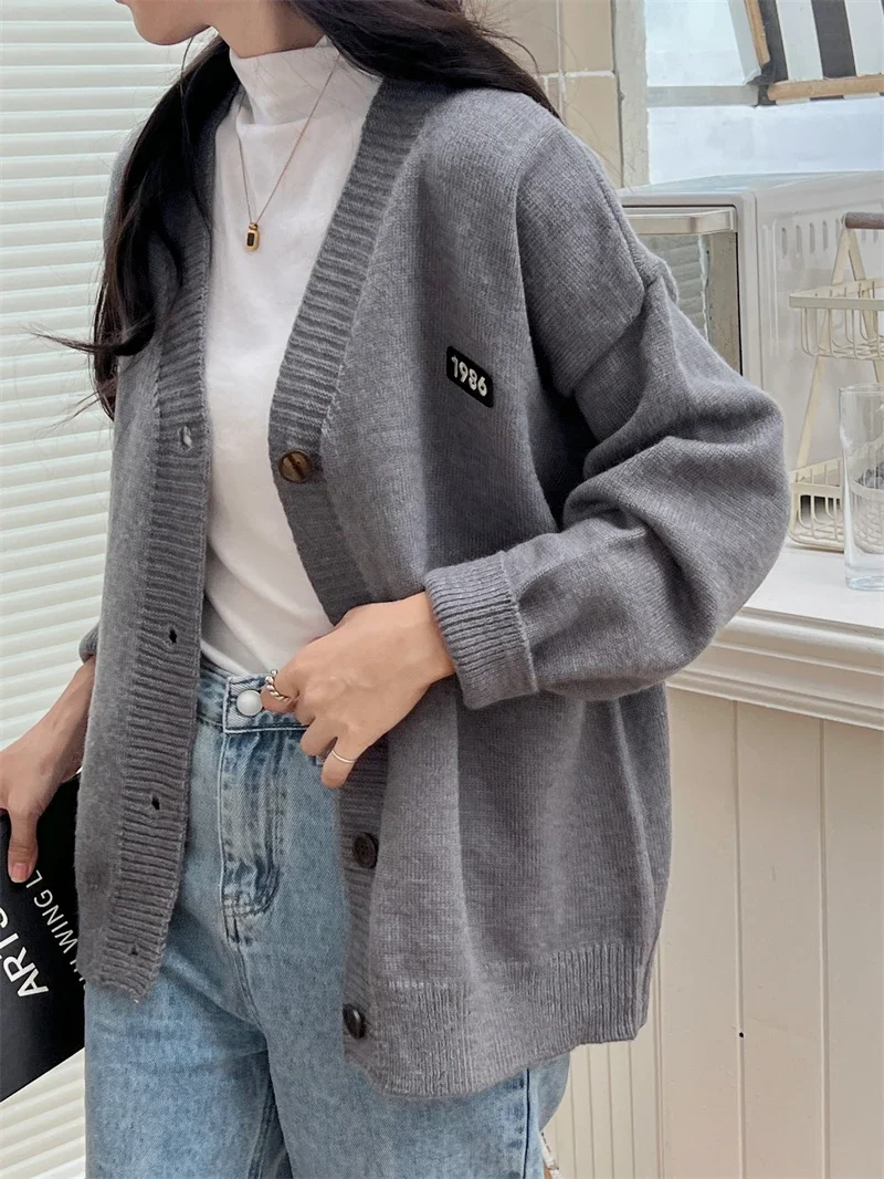 

Gray V Neck Mid-length Knit Cardigan Women Fall Winter Casual Loose Long Sleeve Sweater Coat 3 Colors