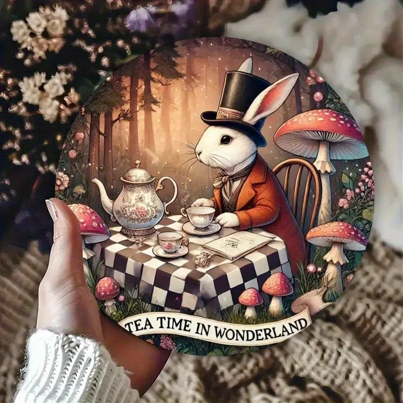 2D Flat, 20.32x20.32 cm Round Artificial Wood Wall Decor - Whimsical Rabbit Tea Time in Wonderland Design with Mushrooms & Check