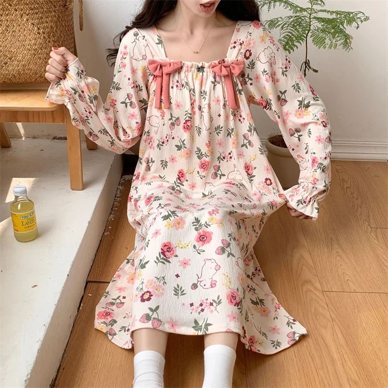 INS Sweet Cotton Night Dress Women Sleepshirt Spring Autumn Sleepwear Nightshirt Long Sleeve Loose Nightgowns Female Vestidos