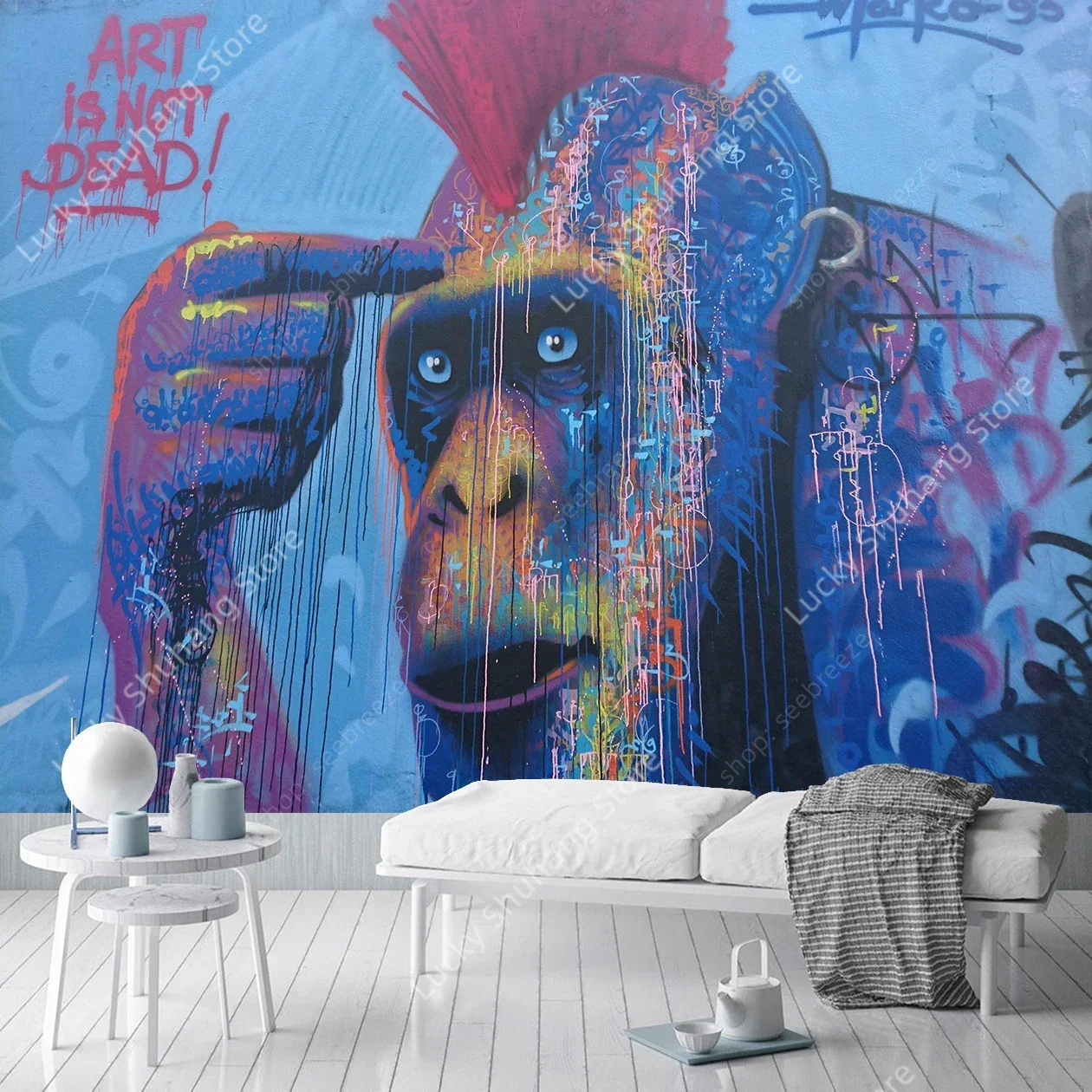 ​Graffiti Thinker Ape Tapestry Art Is Not Dead Red Mohawk Vibrant Street Art Blue Wall Hanging Home Bedroom Decor Bold Colors​