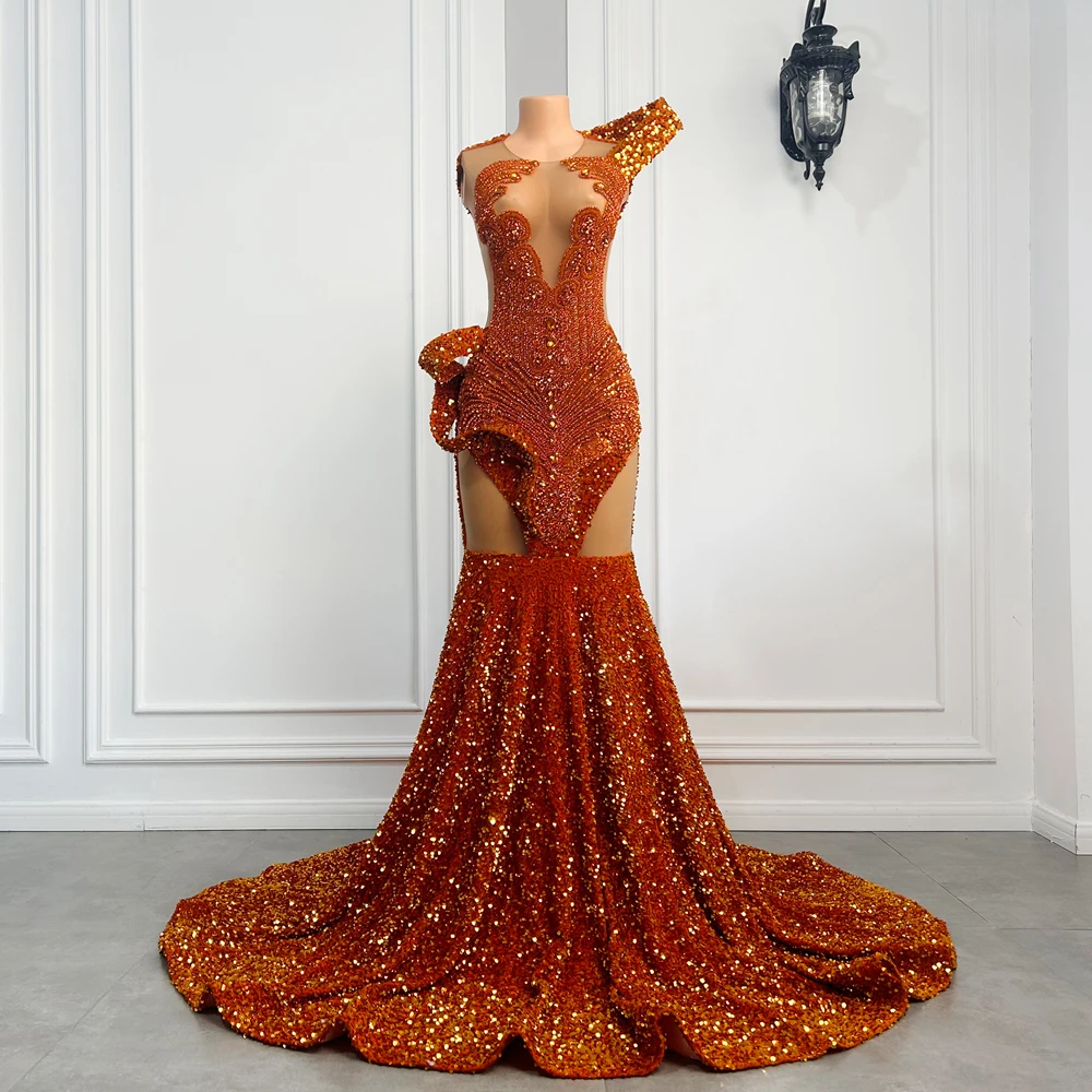 Long Orange Prom Dress 2026 Gorgeous Sexy Mermaid Sheer Mesh Sparkly Sequin Black Girls Prom Party Gowns