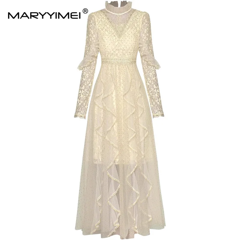 

MARYYIMEI Spring Summer Women's Dress Stand Collar Long-Sleeved High waisted Mesh Splicing Flounced Edge Dresses