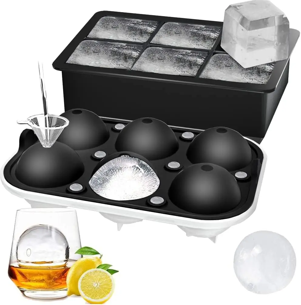 

Set of 2 Ice Cube Trays, Sphere Ball & Large Square Maker with Lids for Whiskey, Cocktails, Keep Drinks Chilled
