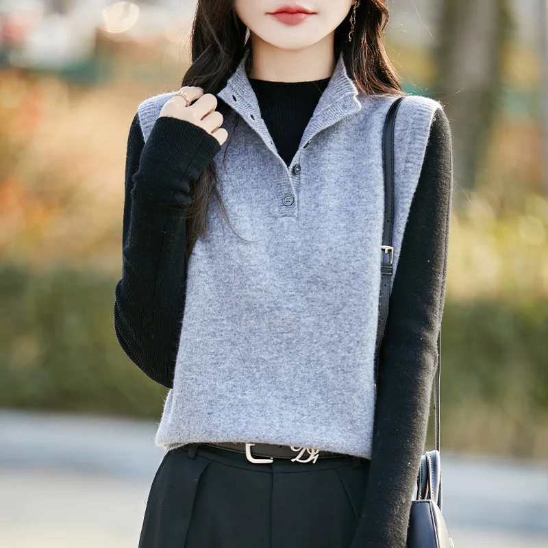 

100% Merino Wool Knitted Semi High Neck Vest For Autumn And Winter Loose Fitting Women's Sleeveless Warm Vest Sports Casual Top