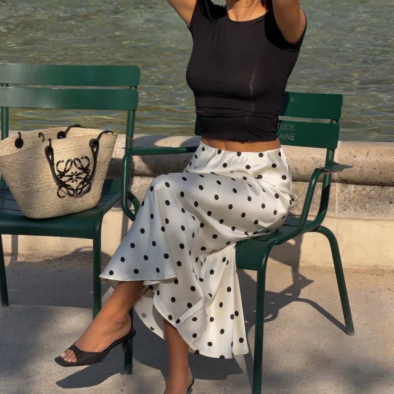 Women Summer Elegant Retro Midi Skirt High Waist Satin Silky Ladybug Polka Dot Print Y2K Streetwear