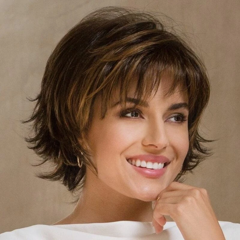 

straight wig, fluffy short , dark brown for women, side bangs