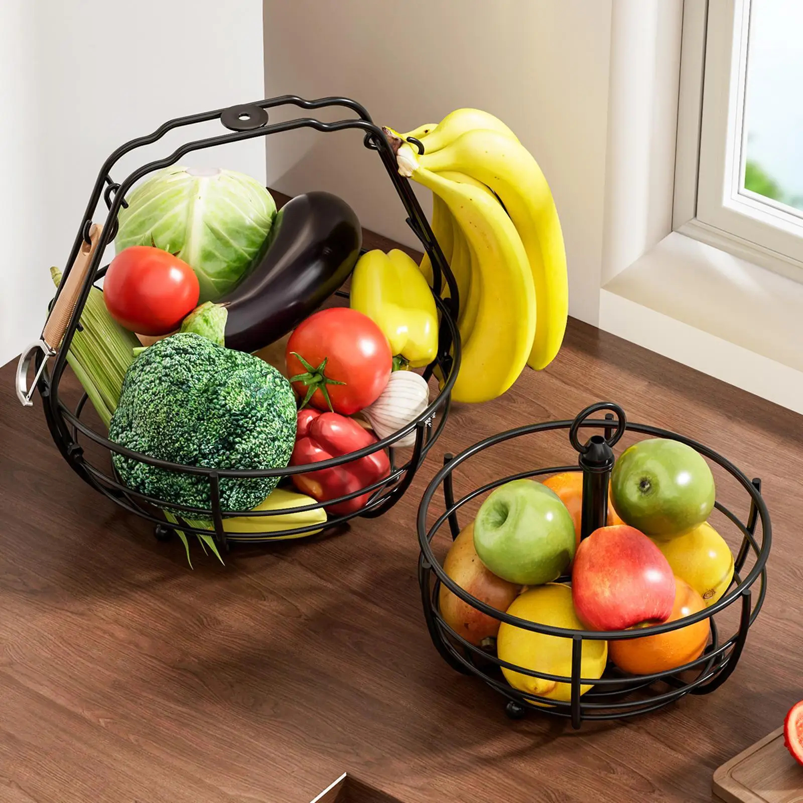 

2 Tier Fruit Basket Bowl Metal Organizer Tabletop Black Fruit Vegetable Storage Basket