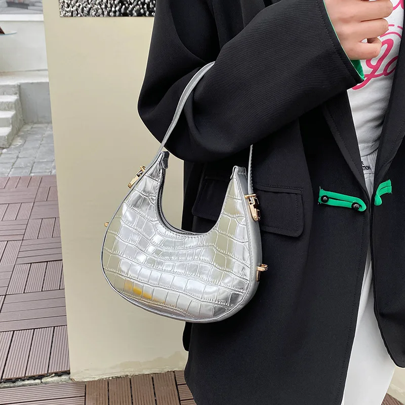 Bolsos Retro informales para mujer, bolso de hombro con patrón de piedra, exquisito bolso de axila de cuero PU, bolsos pequeños de media luna