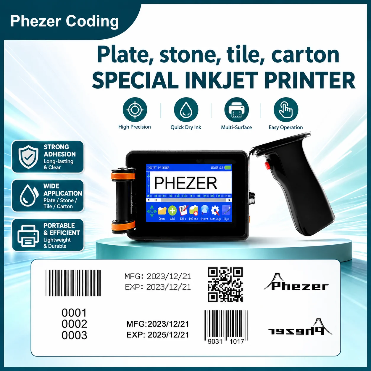 For hp Phezer 12.7/25.4mm Handheld Inkjet Printer Board Sheet Portable Printer QR Bar Batch Code Date Logo Expiry