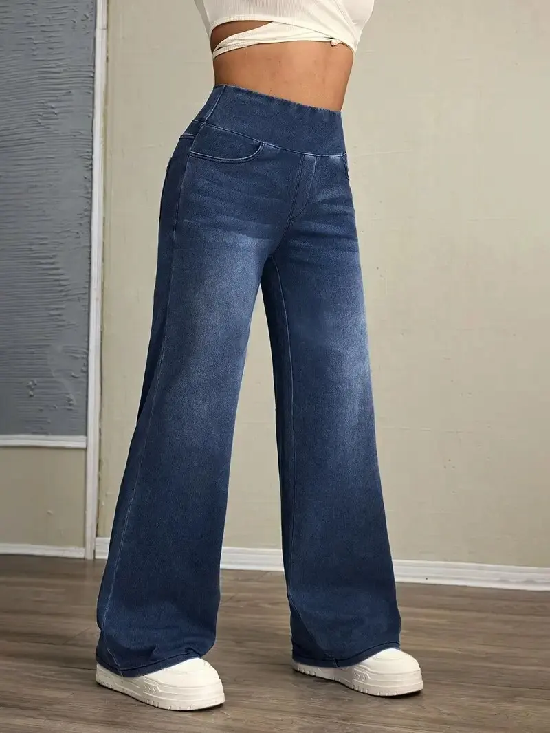 

Women's Jeans 2026 Fashion Trend Washed High Waisted Elastic Wide Leg Pants Look Slim Loose and Comfortable Straight Leg Pants
