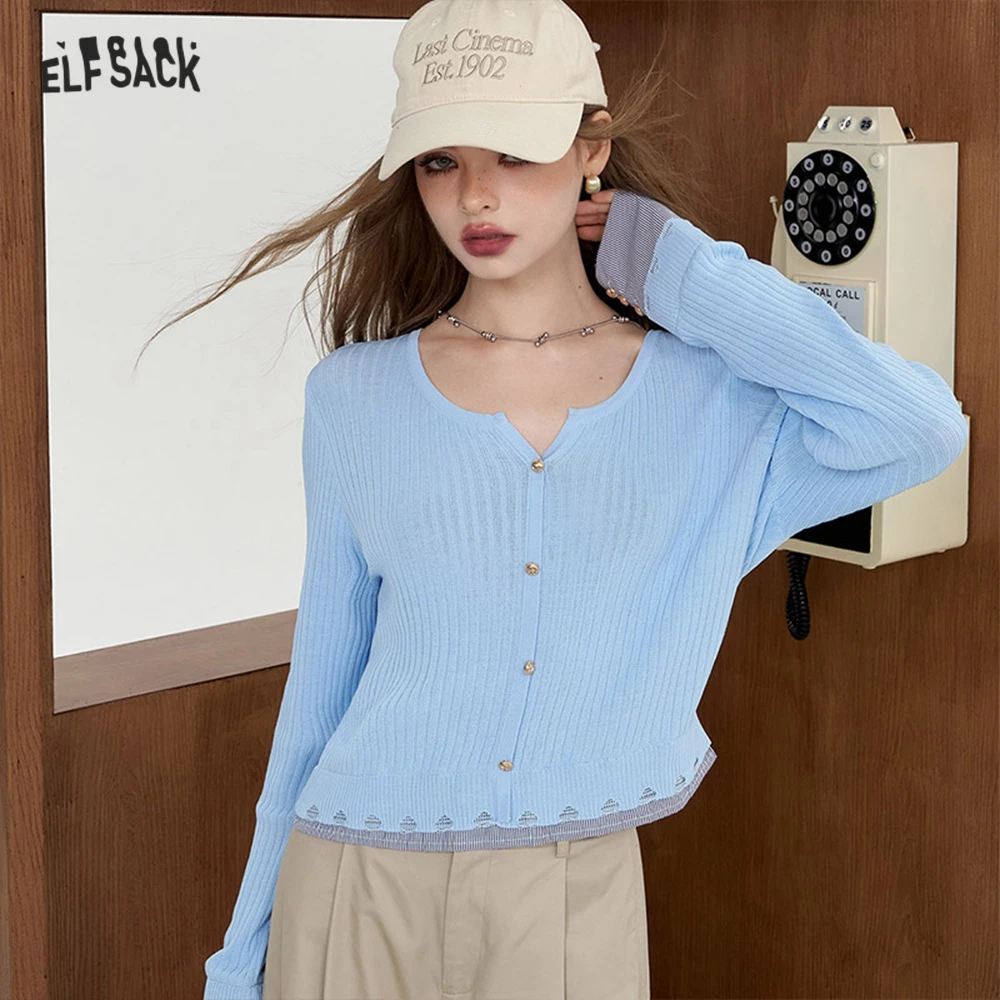 2024 Summer ELFSACK New Arrivals Striped shirt patchwork knit sweater for women fake two lightweight and slimming tops