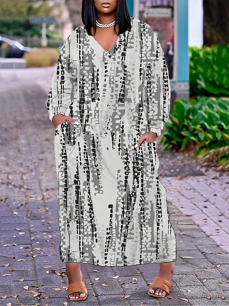 Plus Size 2024 Spring And Summer New Women's V-Neck Long-Sleeved Loose Leisure Irregular Pattern Printing Dress