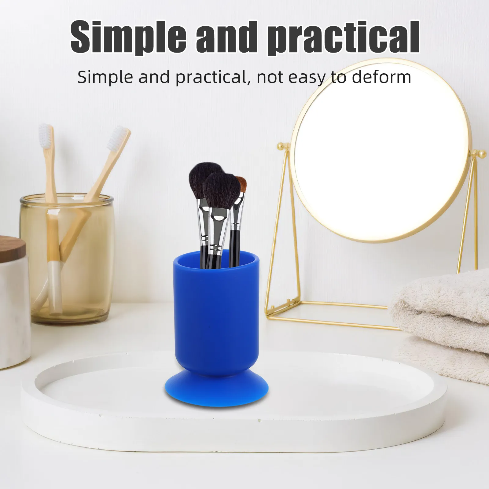 Blue Silicone Makeup Brush Holder Suction Cup Pen Holder Pencil Cup Desktop Organizer Stationery Storage Container Home School