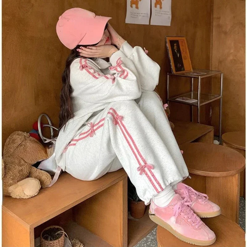 New Bow Embroidery Women Set Long Sleeve Loose Stripe Coat High Waist Casual Pants Suit 2024 Sweet Kawaii Girl 2 Piece Set