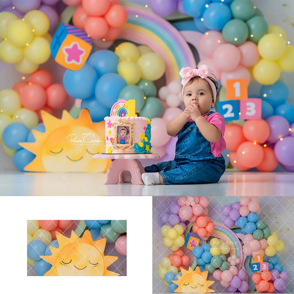 Pastel Balloon Cake Smash Backdrops Kids Baby BIrthday Photography Props Rainbow Learning Dreams Theme Backgrounds
