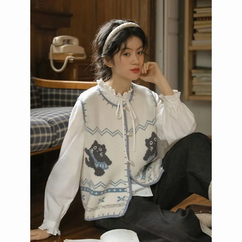 

Gagaok French Style Waistcoat Round Neck Cardigan Sweater Vest Autumn Knitted Sleeveless Layered Kitten Pattern Vests Coat
