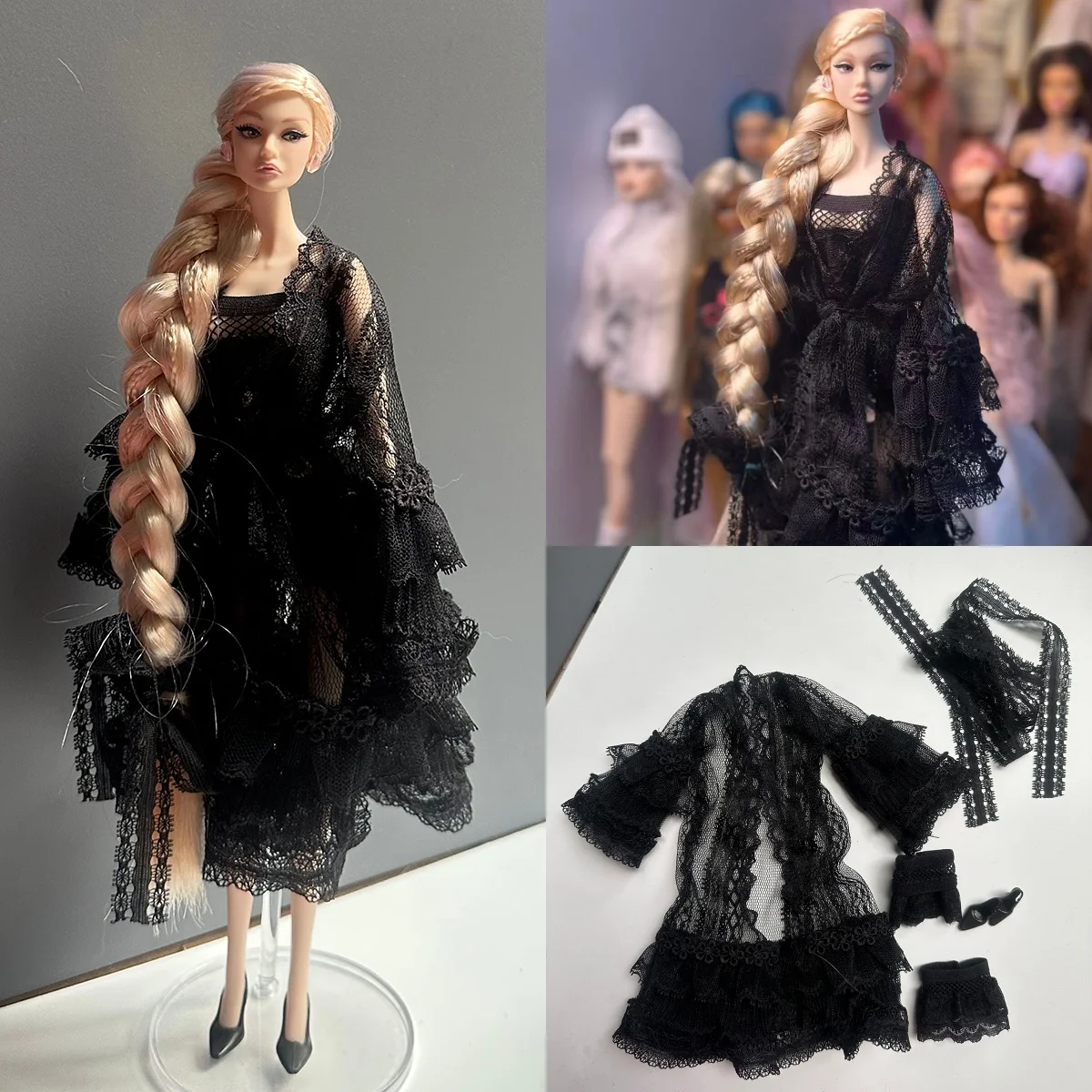 Senior Sense Sexy Black Lace Bathrobe French-style Retro Pyjamas Set For 1/6 Babi Xianxian Supermodel Doll Dress Up Clothes