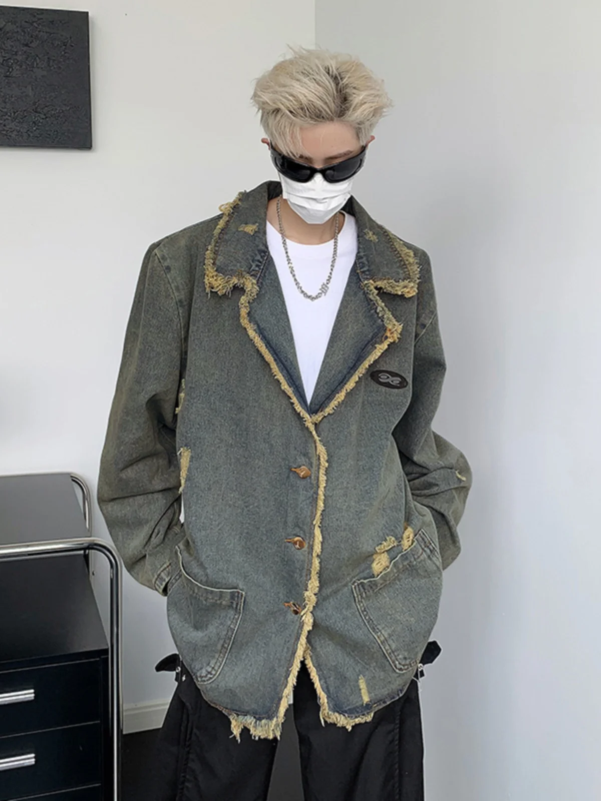 

Ретро джинсовая куртка для мужчин, весна-осень, свободный крой, с отложным воротником, молодежная, модная, повседневная, свободная джинсовая куртка-пиджак