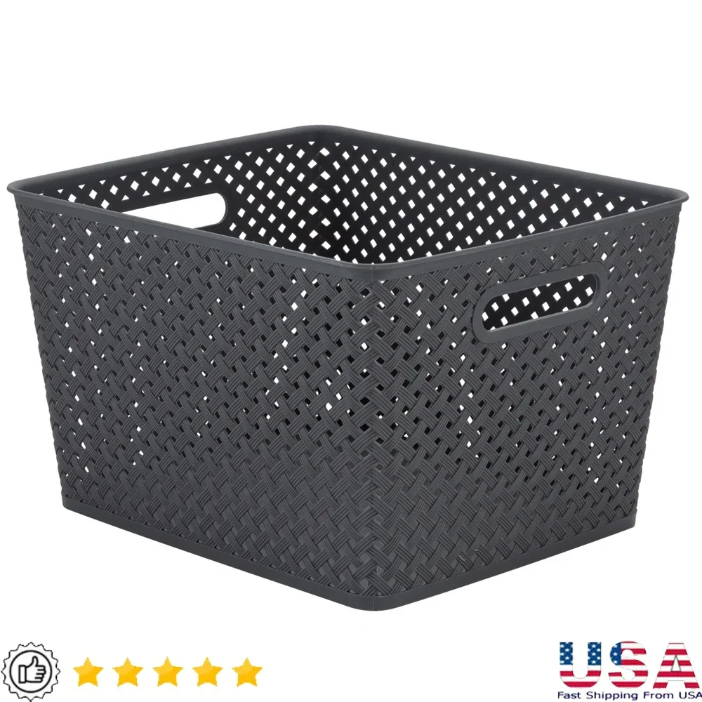 

Large Gray Resin Wicker Storage Bin Lightweight Organizing Baskets with Handles Home Storage Solution Toy Book Organizer