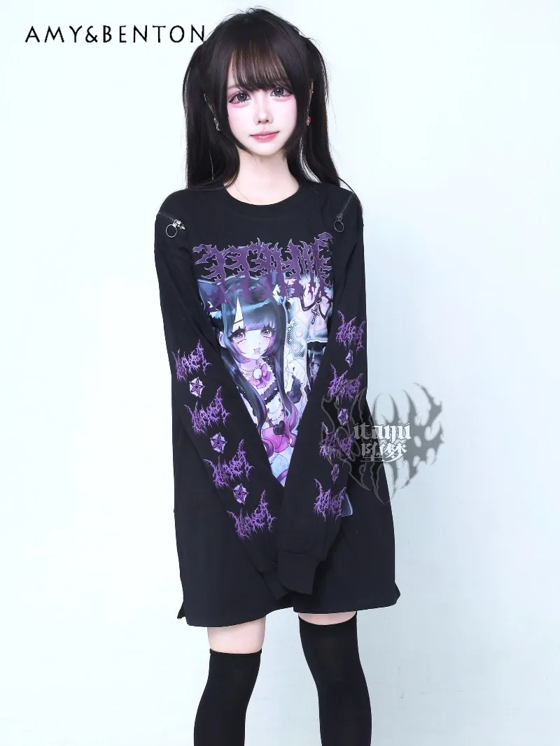 

Japanese Anime Print Two-Dimensional Girl Gothic Long Sleeve T-Shirt Women Subculture Punk Style Round Neck Oversized T Shirt