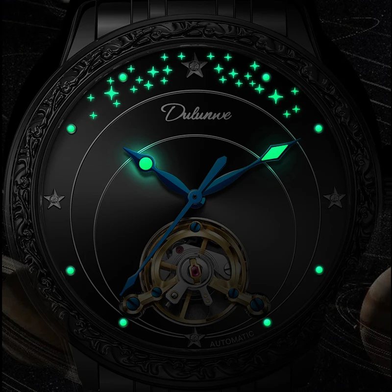 Dulunwe العلامة التجارية الفاخرة الرجال توربيون الساعات الرجالية الأسود الصلب التلقائية الميكانيكية ووتش الذكور Relogio Masculino