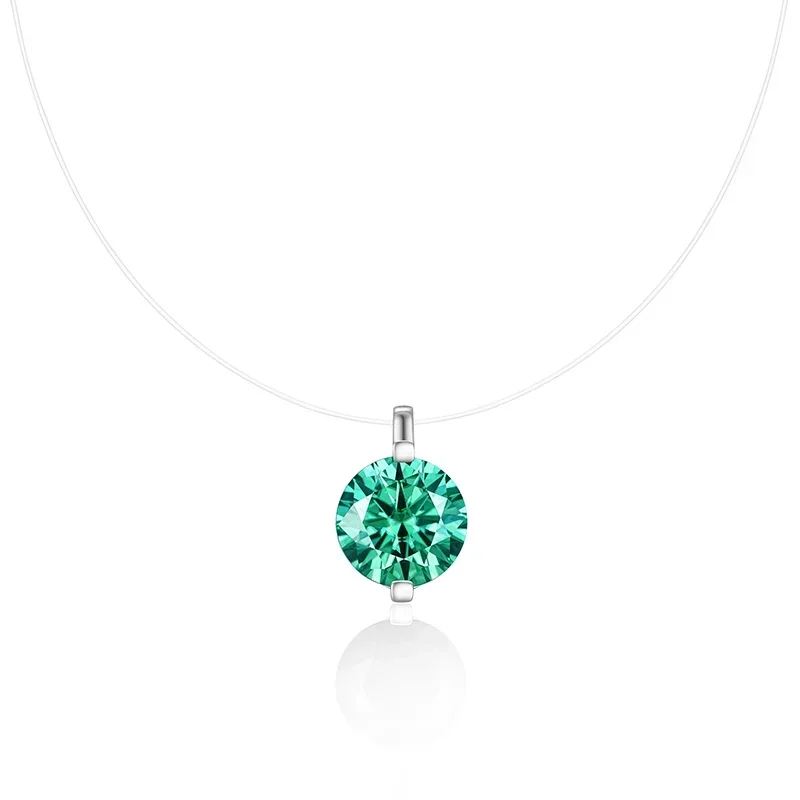 JIUZUAN 05/1/2/3ct Round Aqua Blue Moissanite Pendant Necklace S925 Silver Invisible Wire Minimalist Style Daily Necklace