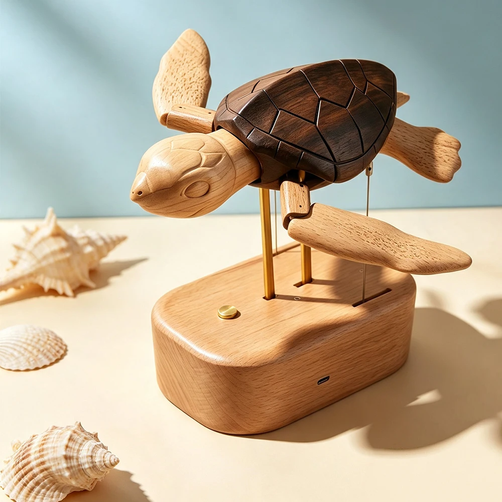 HandCarved Wooden Sea Turtle Figurine Animated Moving Turtle Desktop Ornament,Bionic Swimming Turtle Art Craft Home Office Decor