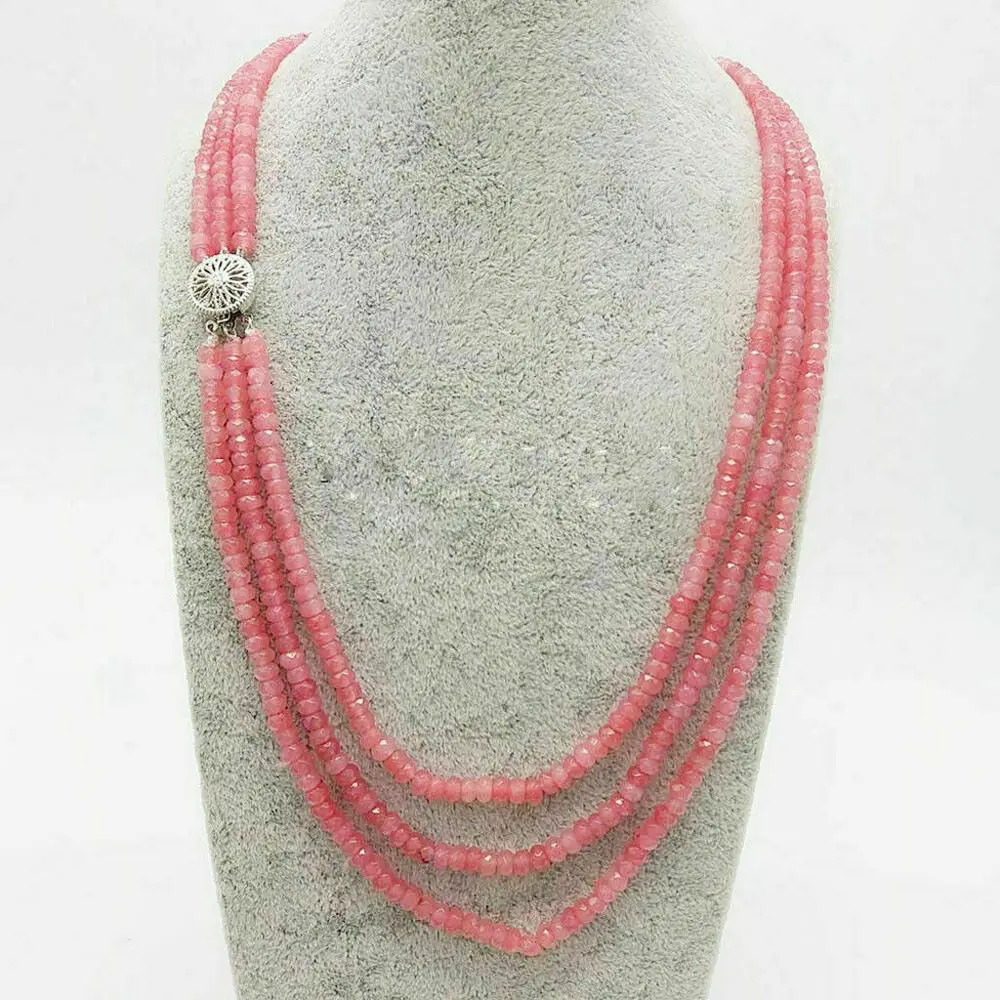 Women's 3Rows 2x4mm Natural Pink Jade Faceted Gems Beads Necklace 17-19