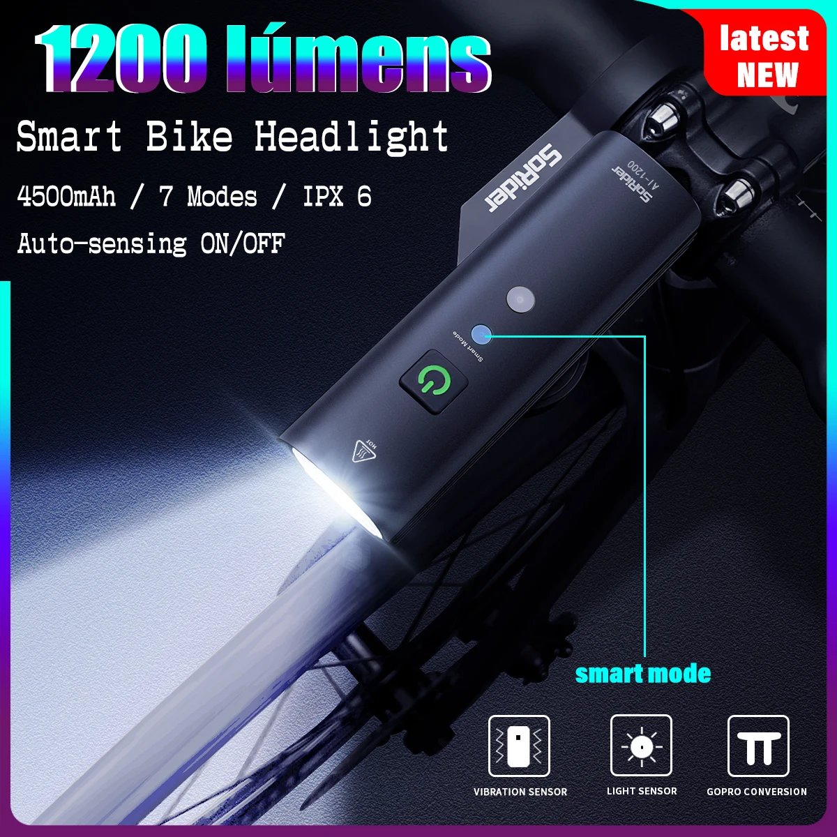 

SoRider MTB Road Bicycle Bike Front Lamp 1200 Lumens 4500mAh Smart Light Sense Waterproof Warning Wide-Angle Flood Headlight