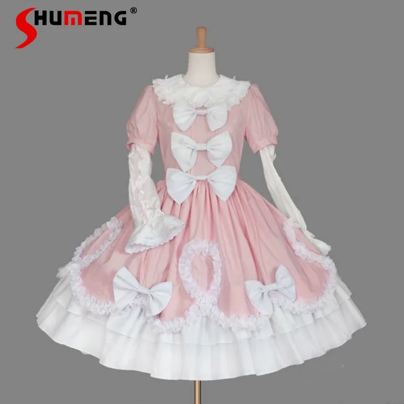 

Spring New Japanese Lolita Dress With Attached Sleeves Performance Gown Short Vestidos Black Rojita Sweet Cute Dresses Soft Girl