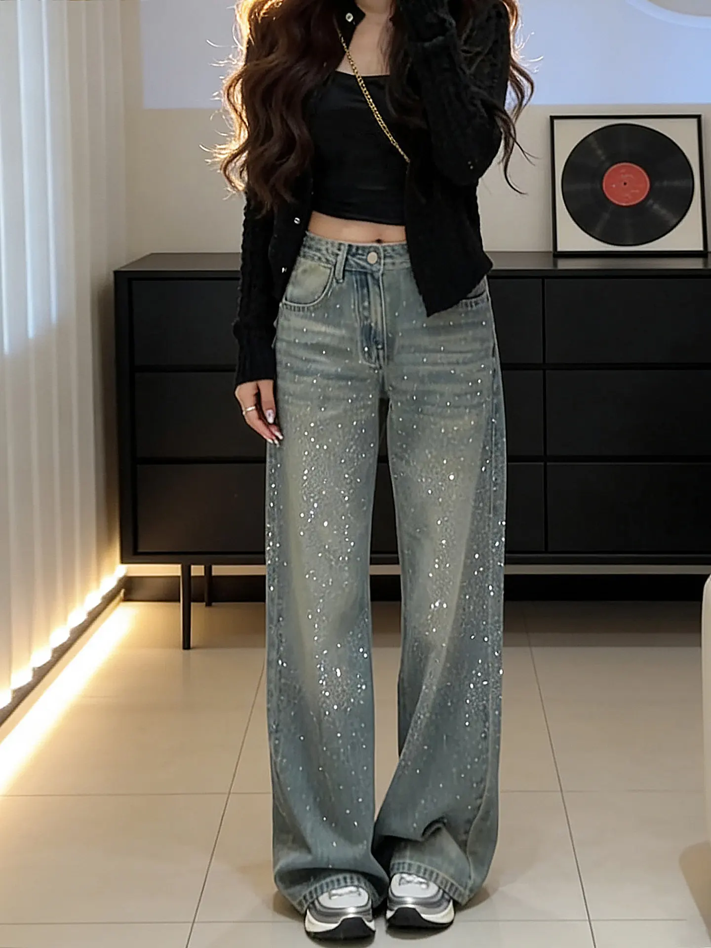 

Блестящие джинсы с прямыми штанинами и стразами, женские, новинка 2026 года, весенние, синие, облегающие, широкие брюки, с высокой талией, из денима, термостойкие