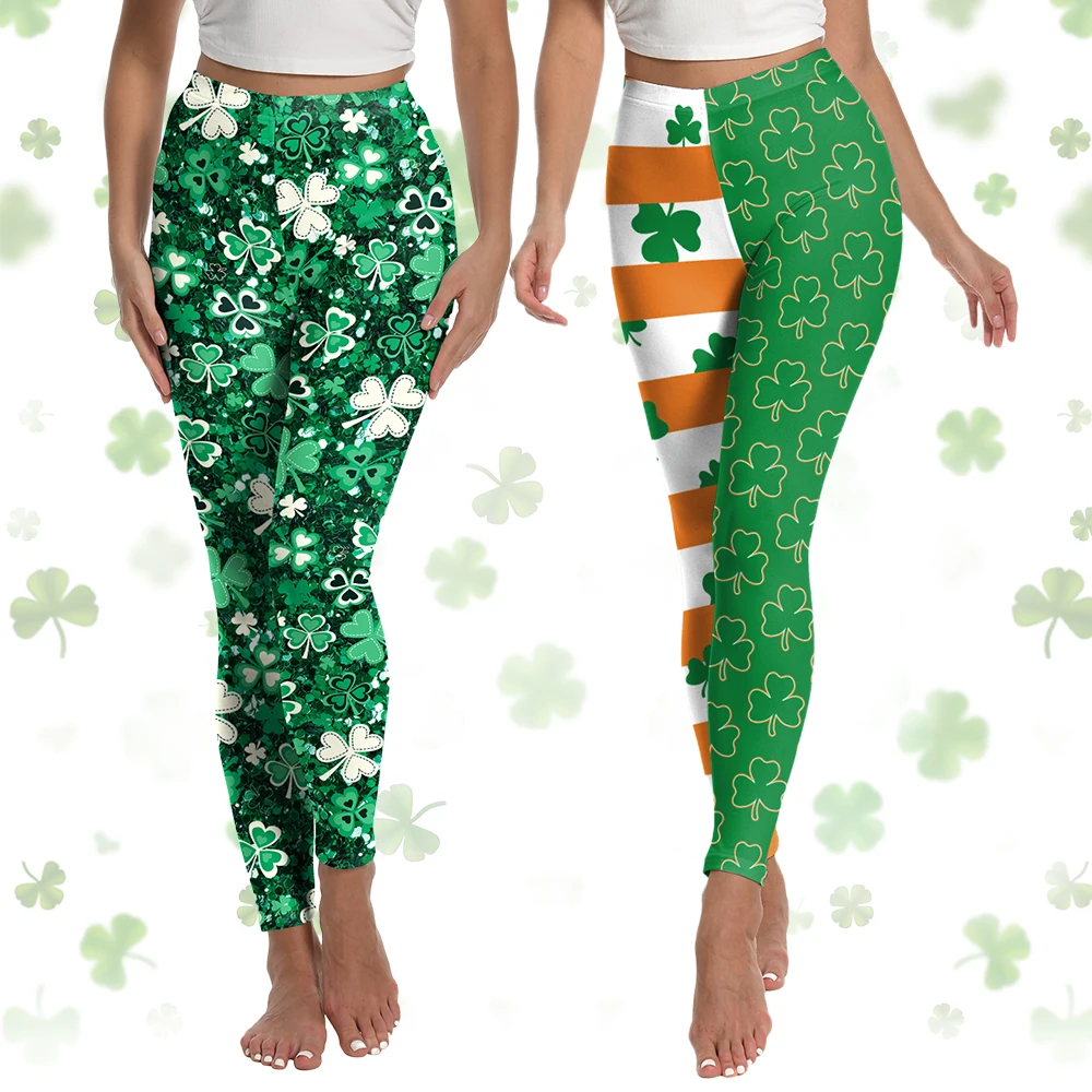 Zawaland Lucky Clover Leggings for Women Saint Patrick's Day Party Green 3D Printed Skinny Pants Irish Festival Yoga Leggings