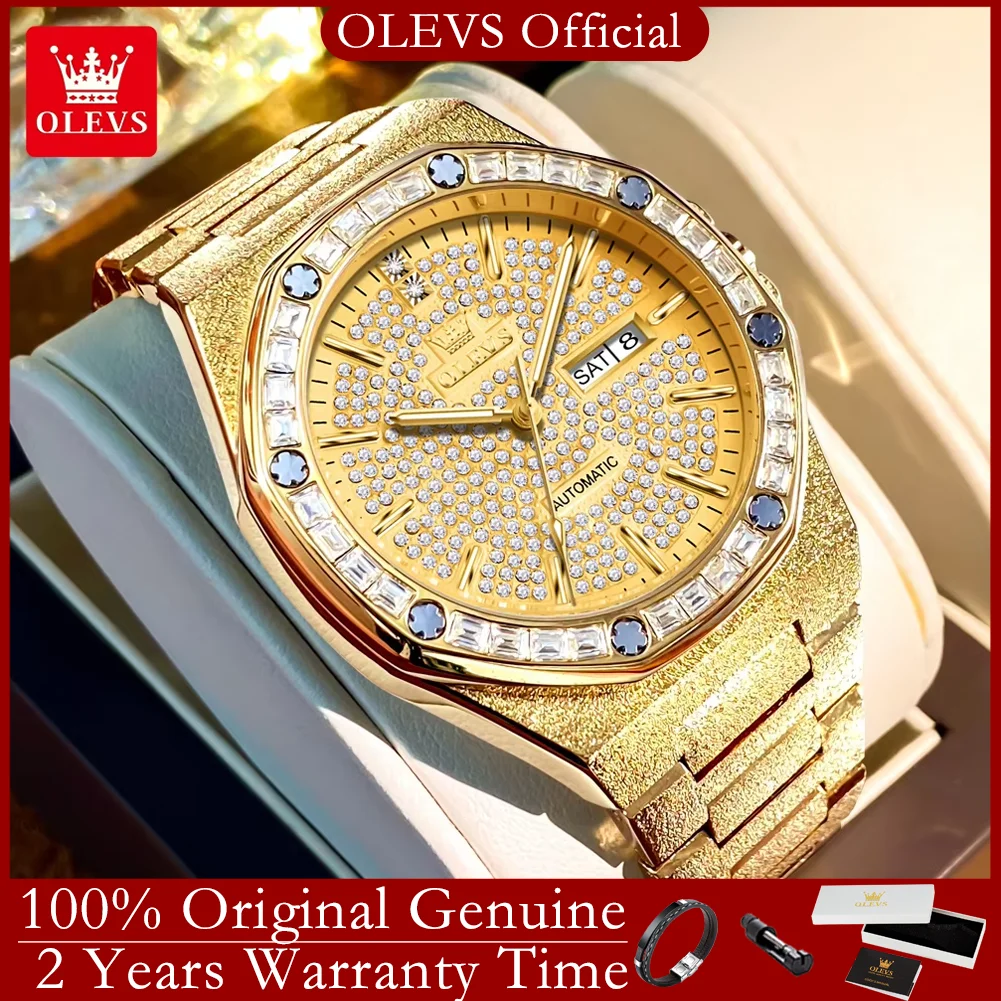 

OLEVS 9803 Automatic Watches for Men Stainless Steel Waterproof Calendar Week Luxury Full Diamond Business Mechanical Wristwatch