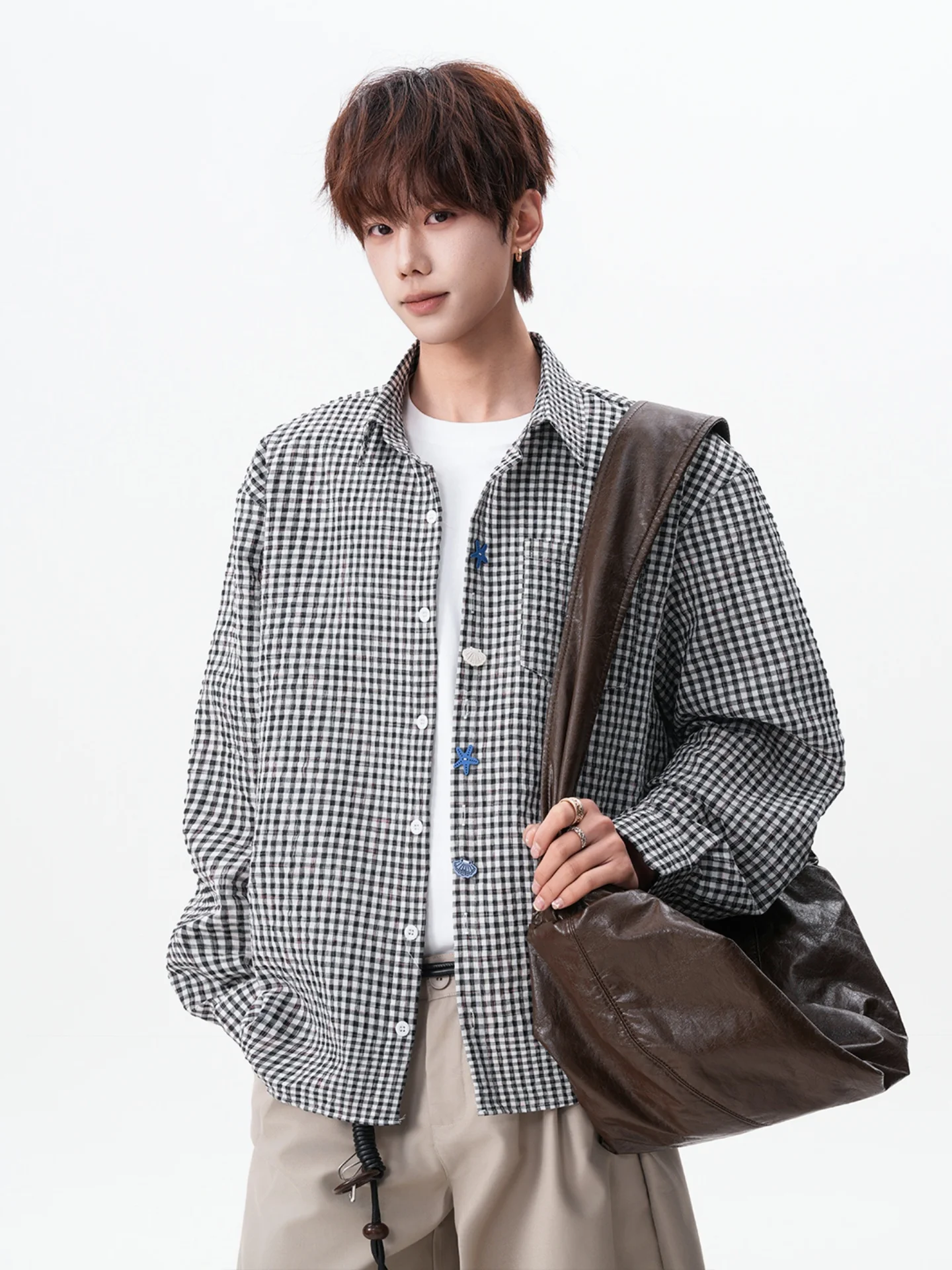 

Miu id Pattern Long Sve Men's irt Star Button Design College Sle Outerwear Spring Couple Matching Top Loose Fit