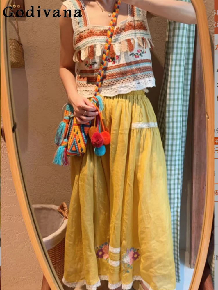 

Spring Summer New Sweet Yellow Lace Elastic Waist Loose Leisure Skirt Cute Japanese Versatile Age-reducing Fairy Long Skirts