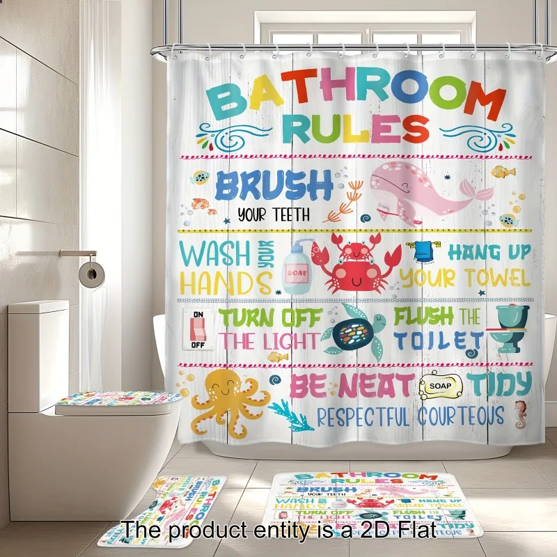 

2D плоский набор из 4 предметов - Забавный комплект шторок для душа с правилами для ванной, полный комплект для ванной комнаты, декор и аксессуары для ванной, мультяшный дизайн.