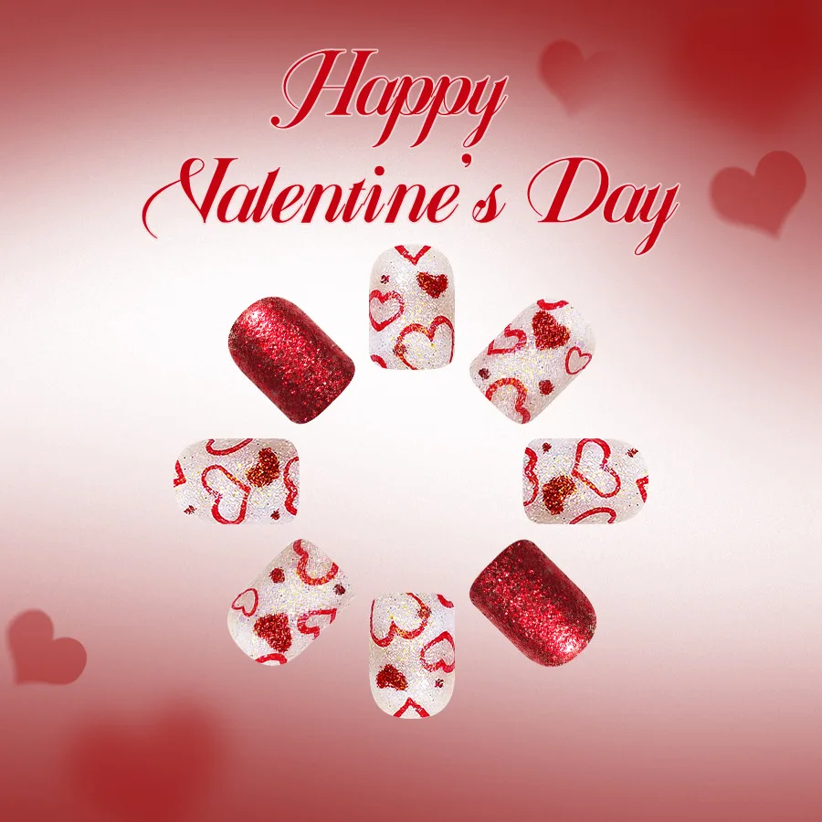 Imprensa quadrada brilhante curta em unhas 24 peças pontos de coração vermelho glitter doce dia dos namorados unhas falsas para mulheres