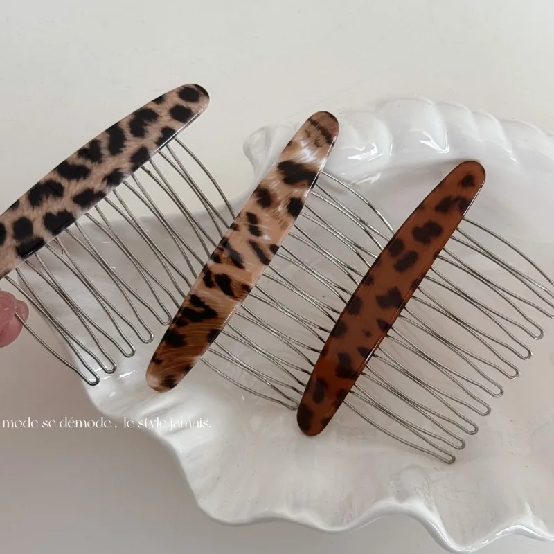 Leopard print mature wind oval plug comb simple hairpin bangs comb disc hair comb plug comb hair accessories headgear