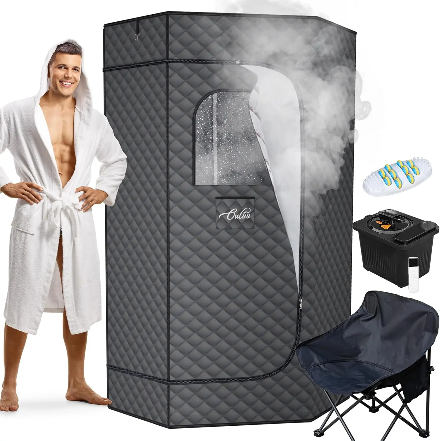 

Sauna Box, 4L Steamer Portable Steam for Home, Personal with Big Chair, Remote Control, Foot Massager, Gray