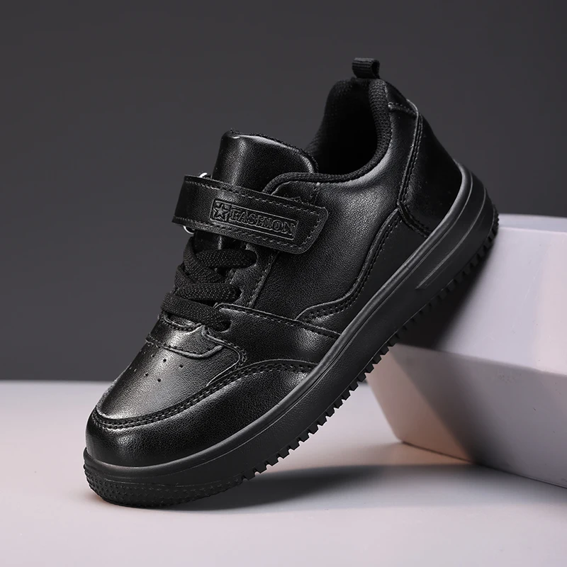 Children's Running Shoes Boys Girls Lightweight Anti-Slip Sneakers for School Sports Walking Casual PU Leather Tennis Shoe Black